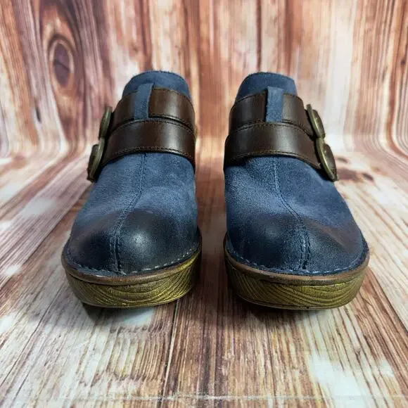 Born Sz 7 Blue Suede Leather Buckle Slide On Chunky Block Heel Clogs Mules Shoes - Picture 2 of 11